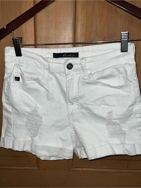 KanCan White Distressed Rolled-Hem Denim Shorts